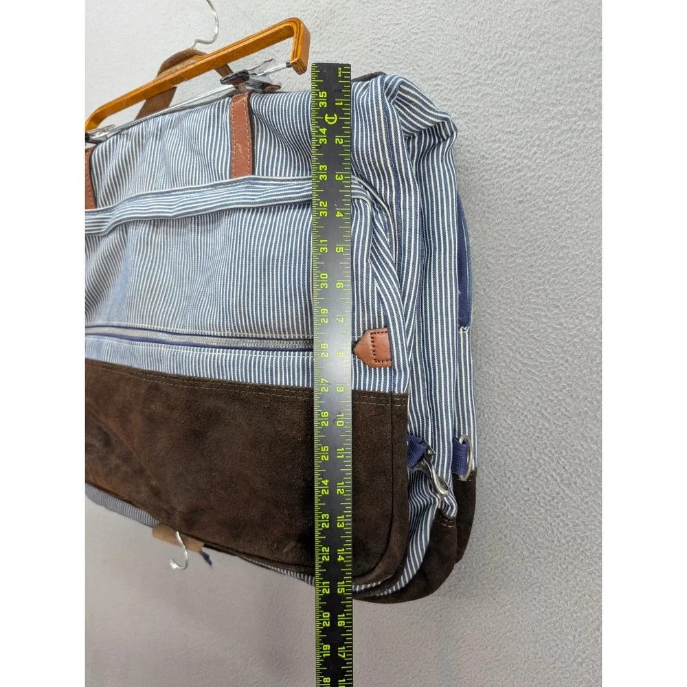 Vintage Hickory Stripe Canvas Suede Garment Travel Luggage Bag Blue White Brown